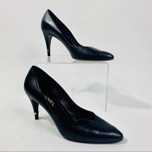 Chanel Black Leather Pumps with Gold Cuff on heel